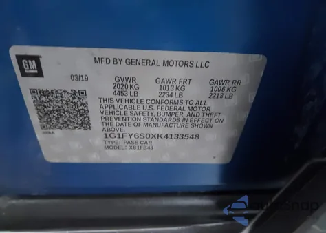 2019 Chevrolet Bolt Ev Lt z USA, uszkodzony, nr VIN 1G1FY6S0XK4133548